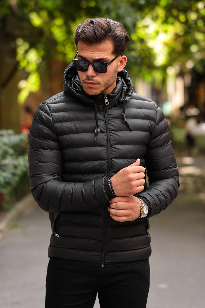 Чоловіча чорна куртка Danger з капюшоном демісезонна великі розміри, легка стьобана куртка єврозиму батал