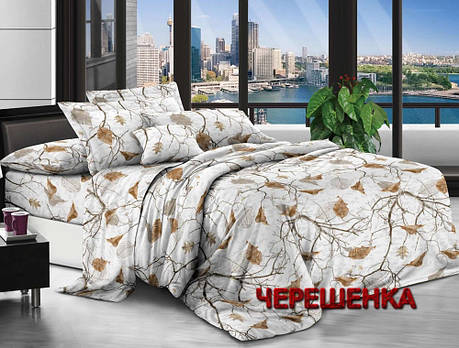 Щільна тканина біла 220 см для постільної білизни Полісатин 135 принт гілки дерев і осінні листя, у рулоні 60 м, фото 1