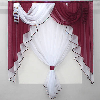 Кухонна (200х170см.) занавіска, ламбрекен і тюль. Колір бордовий з білим. Код 067к 52-0357