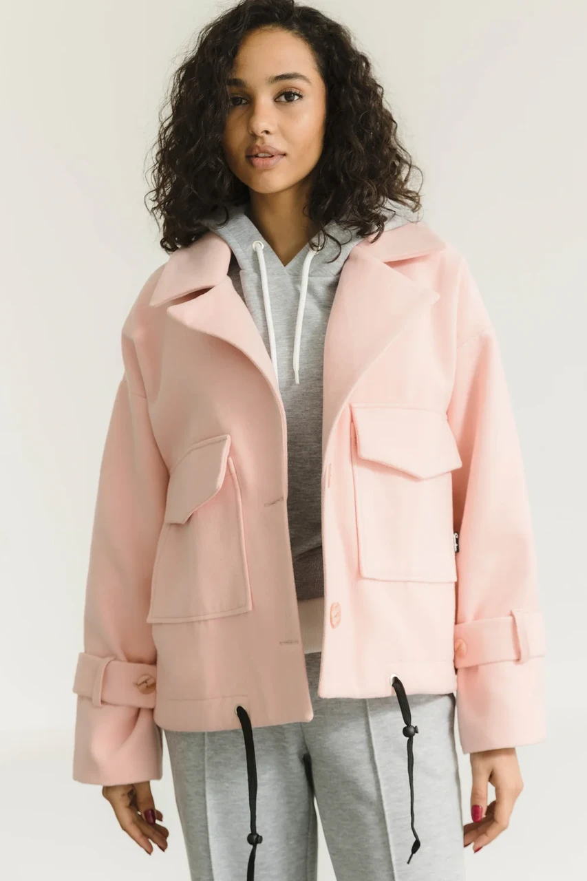 Кашемірове пальто жіноче демісезонне укорочене на підкладці рожеве однотонне весняне осіннє