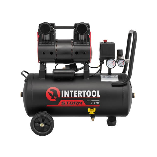 Компресор INTERTOOL PT-0026 безмасляний 24л, 1.1кВт, 220В, 8aтм, 160л/хв, 1400об/хв., малошумний, 2 циліндра
