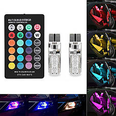 Світлодіодні лампи T10 W5W з пультом RGB різнокольорові 12V 5050 6LED, стробоскоп, фото 6