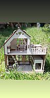 Двухэтажный детский кукольный деревянный домик самосборный для кукол с мебелью и террасой, из двп Код/Артикул
