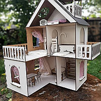 Деревянный кукольный трехэтажный домик для кукол с двумя террасами и мебелью, 5 комнат, из фанеры Код/Артикул