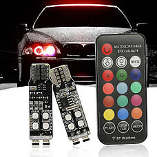 Світлодіодні лампи T10 W5W з пультом RGB різнокольорові 12V 3528 10LED, стробоскоп (з пам'яттю), фото 3
