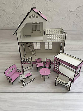 Дитячий дерев'яний двоповерховий збірний будиночок для ляльок з терасою, вікнами та набором меблів, з хдф Код/Артикул 52 9