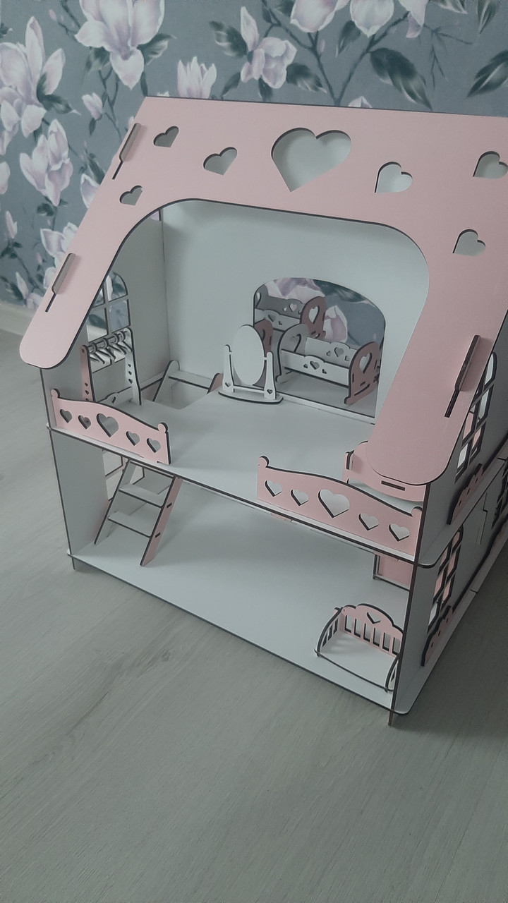 Дерев'яний ляльковий двоповерховий збірний будиночок "Зефірка" двосторонній з комплектом меблів, з дахом і з вікнами Код/Артикул