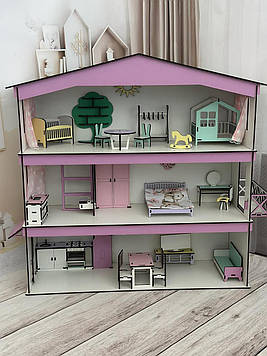 Дерев'яний збірний дитячий ляльковий будиночок триповерховий з комплектом меблів, з вікнами, з дверима і з балконом Код/Артикул 52