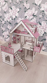 Дерев'яний дитячий самозбірний ляльковий будиночок для ляльок з меблями, з терасою, з балконом і зі сходами Код/Артикул 52 29