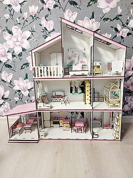 Дитячий дерев'яний ляльковий самозбірний будиночок котедж триповерховий для ляльок, 7 кімнат, з меблями і з терасою Код/Артикул 52
