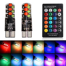 Світлодіодні лампи T10 W5W з пультом RGB різнокольорові 12V COB, стробоскоп, фото 3