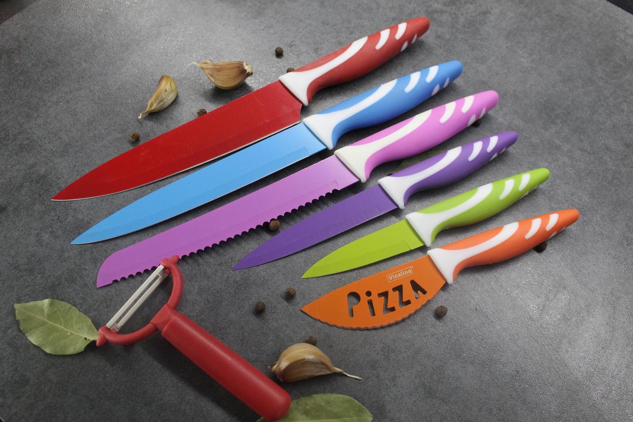Гарний набір кольорових кухонних ножів + овочечистка Vicalina 7 шт. кухарських професійних для кухні