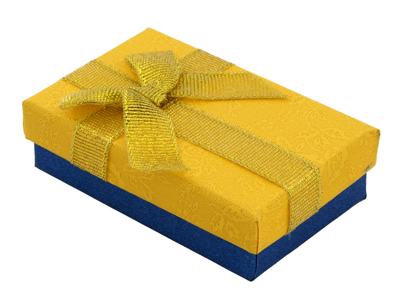 Подарункова жовто- блакитна коробка з бантом Універсальна (Каблучка, Кулон, Сережки) Розмір 5х8см, h = 2.5см