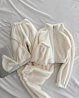 Женская теплая,плюшевая,брючная,мягкая пижама.Турецкий домашний махровый костюм 3-ка(топ+штаны+кофта)