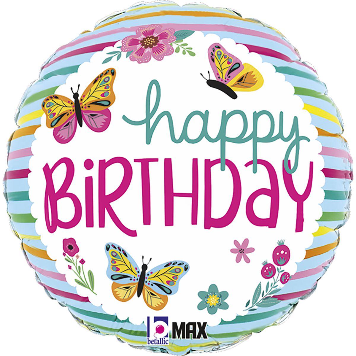 Фольгована кулька круг "Happy Birthday метелики" кольорова Grabo 18"(45см) 1шт.