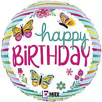 Фольгована кулька круг "Happy Birthday метелики" кольорова Grabo 18"(45см) 1шт.