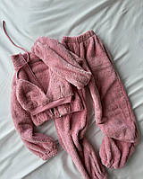 Женская теплая,плюшевая,брючная,мягкая пижама.Турецкий домашний махровый костюм 3-ка(топ+штаны+кофта) Розовый, 42/44, S/M