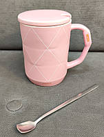 Чашка с крышкой и ложкой фарфорвая 420мл Карат розовая