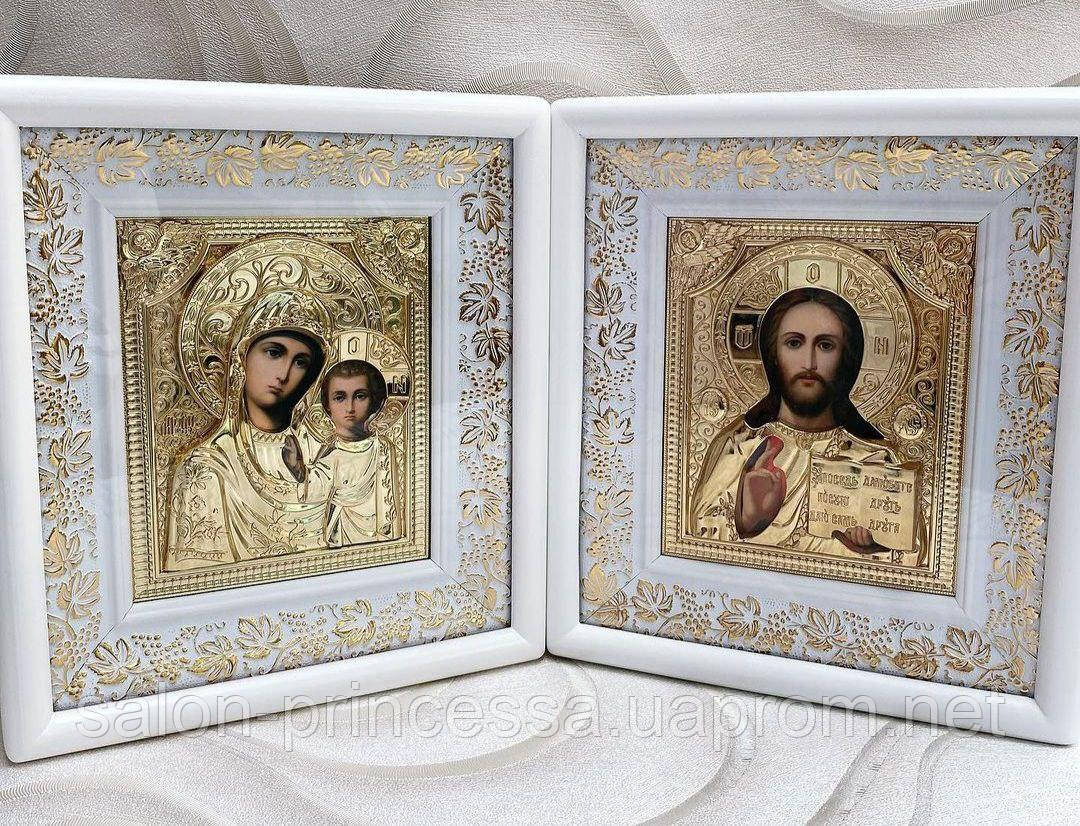 Весільні ікони під золото в білій рамці "Ліки святих" мод. № 8-зол