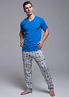Пижама мужская голубая футболка и серые штаны хлопок