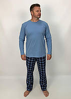 Пижама мужская футболка с длинным руковом и штаны в клетку хлопок S