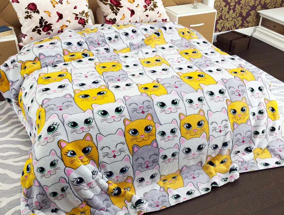 Плед м'який фліс "Сонячні котики" 180х220 Двоспальний кольоровий плед (1150) Покривало плед мікрофібра, фото 1