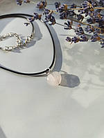 Кулон натуральний камінь Рожевий Кварц Серце d-11мм+- на шнурі фур-ра гіп-ний сплав колір срібло L-45-50см