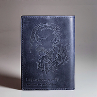 Кожаная патриотичная обложка на паспорт, загранпаспорт "Казак" с гербом Украины, черный кожа Синий