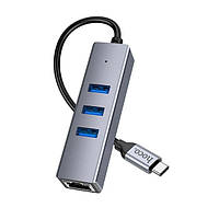 USB хаб Type-C Hoco HB34 (Type-C to USB3.0*3+RJ45) Темно сірий