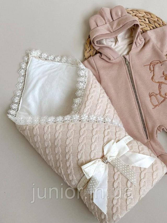 В'язаний конверт-ковдра для виписки з пологового будинку "Змійка", бежевий, фото 1