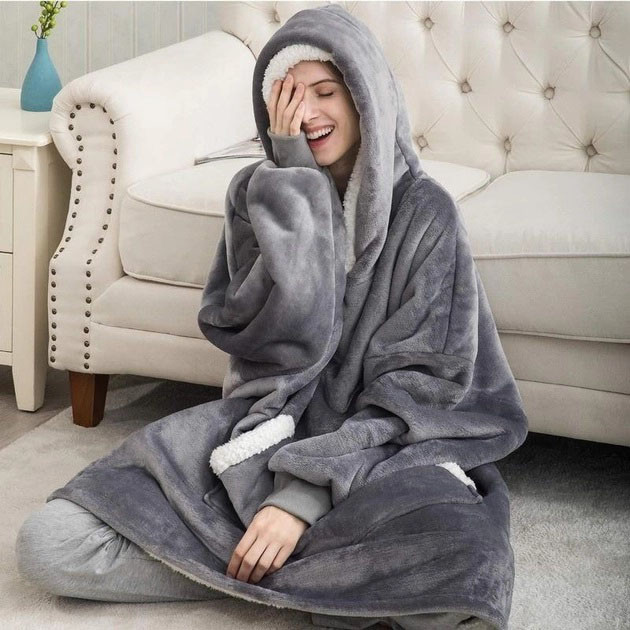 Толстовка плед з капюшоном і рукавами Huggle Hoodie оверсайз. EV-422 Колір: сірий