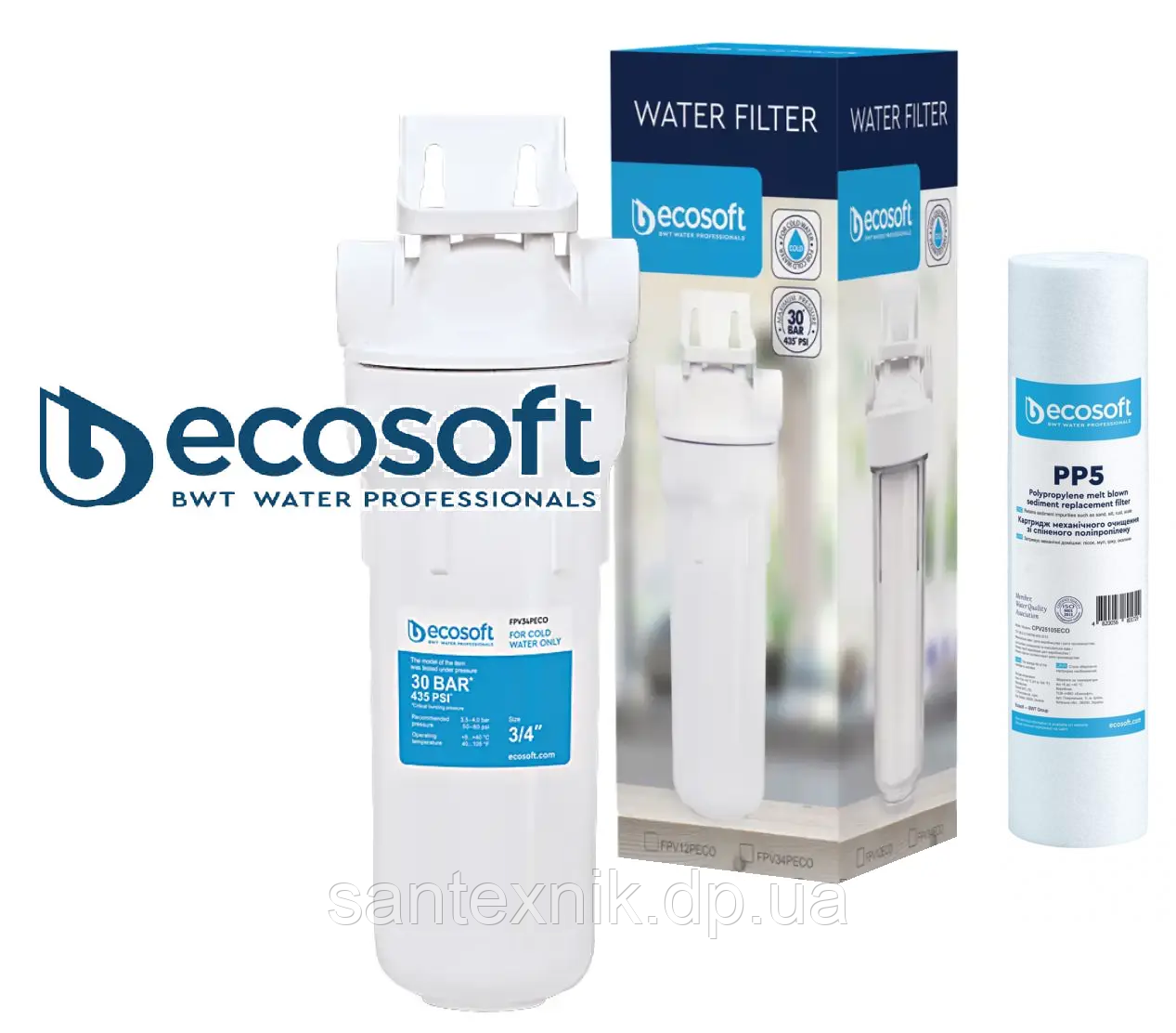 Фільтр-Колба Ecosoft 3/4" механічного очищення високого тиску (30ат.) з фільтром 5 мк (FPV34PECO)