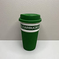 Стакан керамічний з силіконовою кришкою 400 мл Starbucks 9703 зелений з білим