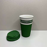 Стакан керамічний з силіконовою кришкою 400 мл Starbucks 9703 зелений з білим, фото 2