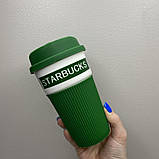 Стакан керамічний з силіконовою кришкою 400 мл Starbucks 9703 зелений з білим, фото 3