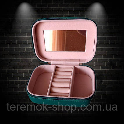 Шкатулка-органайзер для біжутерії, бокс для прикрас 15х10х5 екошкіра на блискавці колір тихоокеанський зелений