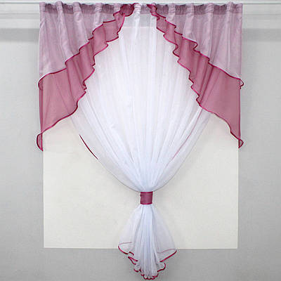 Кухонна (280х170см.) занавіска, ламбрекен і тюль. Колір малиновий з білим. Код 114к 52-0563