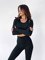 Спортивный женский костюм для фитнеса, йоги 3 в 1 Honeycomb черный (топ, рашгард, леггинсы) бесшовный