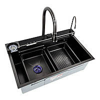 Врезная кухонная мойка врезная 75*45 черная Platinum с водопадом и смесителем, металлическая раковина