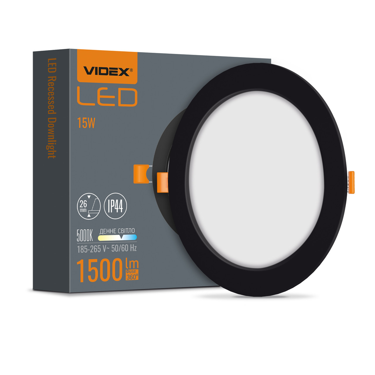 Світильник вбудований чорний круглий VIDEX 15W 5000K Black