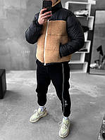 Мужская курточка зимняя комбинированная (бежева с черным) красивая теплая пушистая Тедди slebr5