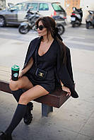 Стильный женский костюм классический черный , модный костюм тройка юбка шорты ,жилет и пиждак
