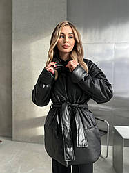 Зимова тепла жіноча куртка з екошкіри модна стильна курточка з ременем без капюшона 250 єврозима