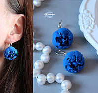 Синие серьги цветы ручной работы из полимерной глины "Синие пионы". Подарок девушке