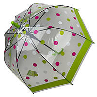 Детский прозрачный зонт-трость полуавтомат в цветной горошек от Rain Proof с салатовой ручкой 0259-3