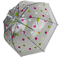 Детский прозрачный зонт-трость полуавтомат в цветной горошек от Rain Proof с белой ручкой 0259-4