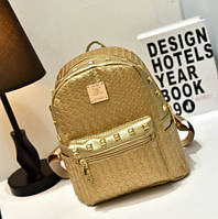 Женский плетеный мини рюкзак с шипами золотистый, рюкзачок золотой прогулочный PRO_399