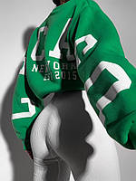 Женский теплый трендовый батник с надписью на спине оверсайз 42-46 толстовка Чикаго трехните на флисе OS Зеленый