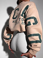 Женский теплый трендовый батник с надписью на спине оверсайз 42-46 толстовка Чикаго трехните на флисе OS Бежевый