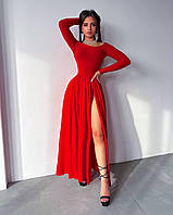Стильное новогоднее праздничное женское платье макси с разрезами на ноге трикотаж масло с открытыми плечами OS 42/44, Красный